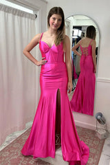 Fuchsia Satin Simple Mermaid Prom Dress