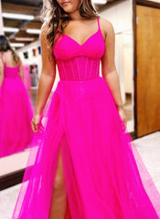 Fuchsia Spaghetti Straps Sheer Bodice A-Line Long Prom Dress with Slit