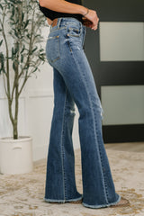 Hazel Blues® | Marion Mid Rise Button Fly Flare with Destroy Fray Hem