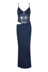 Navy Blue Sheer Cutout Fitted Dress