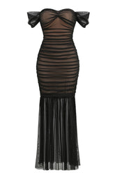 Off the Shoulder Black Ruched Fitted Long Dress