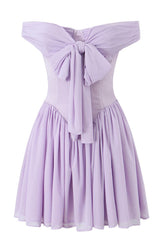 Off the Shoulder Lavender Bow Tie Short Dress