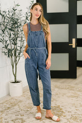 Hazel Blues® | Too Cute to Compute Waist Tie Overalls in Dark Blue