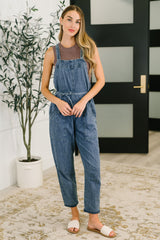 Hazel Blues® | Too Cute to Compute Waist Tie Overalls in Dark Blue