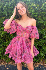 Fuchsia A Line Off the Shoulder Printed Homecoming Dress