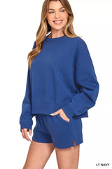Hazel Blues® | Zenana Fleece Round Neck Sweatshirt and Shorts Set