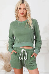 Hazel Blues® | Round Neck Long Sleeve Top and Drawstring Shorts Lounge Set