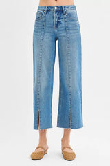 Hazel Blues® | RISEN Tummy Control Mid Rise Crop Wide Front Slit Jeans