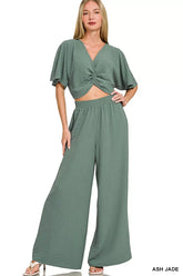 Hazel Blues® | Zenana Woven Airflow Twisted Top & Wide Leg Pants Set
