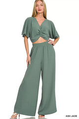 Hazel Blues® | Zenana Woven Airflow Twisted Top & Wide Leg Pants Set