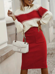 Hazel Blues® | Two-Tone Ribbed Knit Top and Skirt Sweater Set