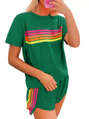 Hazel Blues® | Rainbow Striped Round Neck Top and Shorts Set