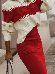Hazel Blues® | Two-Tone Ribbed Knit Top and Skirt Sweater Set