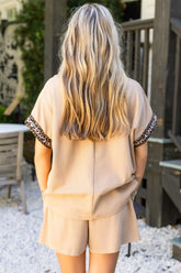 Hazel Blues® | Leopard Trim Zipped Short Sleeve Casual Set