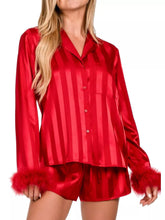 Hazel Blues® | Striped Feather Trim Shirt and Shorts Lounge Set