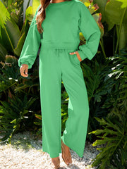 Hazel Blues® | Drop Shoulder Puff Sleeve Crop Top and Drawstring Wide Leg Pants Set