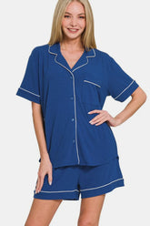 Hazel Blues® | Zenana Button Down Short Sleeve Top and Shorts Lounge Set