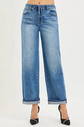 Hazel Blues® | RISEN Elastic Band Slouch Ankle Boyfriend Cuffed Hem Jeans