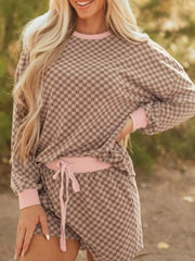 Hazel Blues® | Checkerboard Long Sleeve Pullover and Shorts Set