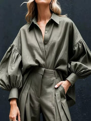 Hazel Blues® | Lantern Sleeve Shirt and Wide Leg Pants Set