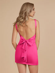 Fuchsia – Bodycon V Neck Satin Short Homecoming Dress with Bow