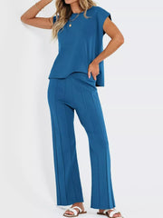 Hazel Blues® | Casual Solid Color Cap Sleeve Top and Pants Knit Set