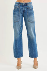 Hazel Blues® | RISEN 4 Way Stretch Mid Rise Barrel Jeans with Patch Pocket Detail