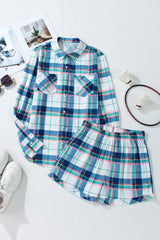 Hazel Blues® | Plaid Snap Down Long Sleeve Top and Shorts Lounge Set