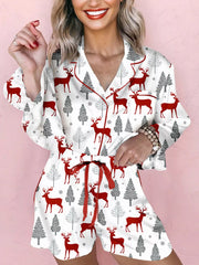 Hazel Blues® | Christmas Fashion Print Velvet Trim Top and Shorts Pajama 2pcs Set