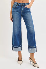 Hazel Blues® | RISEN Mid Rise Ankle Straight Jeans with Cuffed Hem