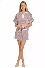 Hazel Blues® | Zenana Striped Collared Top & Shorts Set