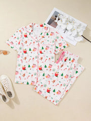 Hazel Blues® | Christmas Spirit Cute Holiday Print Short Sleeve Shirt and Pants 2pcs Pajama Set