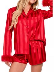 Hazel Blues® | Striped Feather Trim Shirt and Shorts Lounge Set