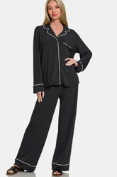 Hazel Blues® | Zenana Button Down Long Sleeve Top and Pants Lounge Set