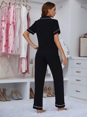 Hazel Blues® | Contrast Piping Lapel Collar Short Sleeve Top and Pants Pajama Set