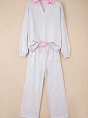 Hazel Blues® | Contrasted Trim Frilled Collar Drop Shoulder Top and Drawstring Pant Set