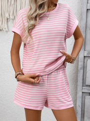 Hazel Blues® | Striped Casual Round Neck Top and Shorts Set