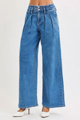 Hazel Blues® | RISEN Mid Rise Fit Wide Leg with Pleated Detail Jeans