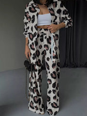 Hazel Blues® | Leopard Print Relaxed Fit Shirt and Pants Two-Piece Set