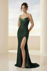 Dark Green Spaghetti Straps Sequins Mermaid Long Formal Prom Dresses With Slit
