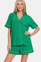 Hazel Blues® | Zenana Button Down Short Sleeve Top and Shorts Lounge Set
