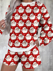 Hazel Blues® | Christmas Santa Print Round Neck Top and Shorts Lounge Set