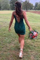 Dark Green Sheath Lace Short Homecoming Dresses