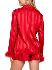 Hazel Blues® | Striped Feather Trim Shirt and Shorts Lounge Set