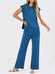 Hazel Blues® | Casual Solid Color Cap Sleeve Top and Pants Knit Set