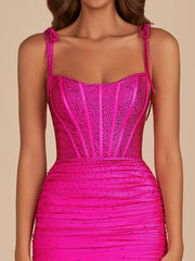 Fuchsia - Bodycon Scoop Neck Beaded Satin Corset Homecoming Dresses with Bow Straps