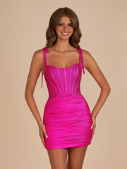 Fuchsia - Bodycon Scoop Neck Beaded Satin Corset Homecoming Dresses with Bow Straps