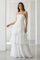 Cute A-Line Chiffon Strapless Tiered Wedding Dresses