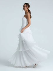 Cute A-Line Chiffon Strapless Tiered Wedding Dresses