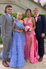 Cute Mermaid V Neck Pink Satin Long Prom Dresses with Big Bow